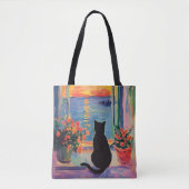 Funny Black cat enjoying the sunset Tasche (Vorderseite)