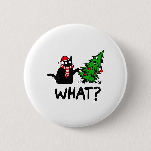 Funny Black Cat Geschenk Pushing Weihnachtsbaum üb Button (Vorderseite)