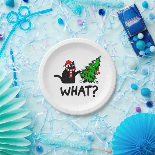 Funny Black Cat Geschenk Pushing Weihnachtsbaum üb Pappteller (Party)