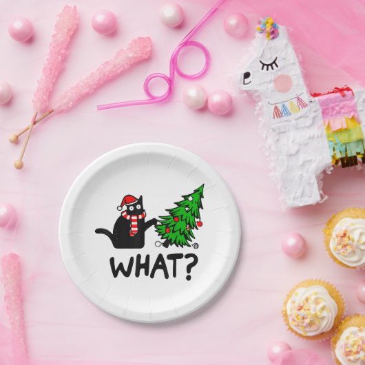 Funny Black Cat Geschenk Pushing Weihnachtsbaum üb Pappteller (Party)