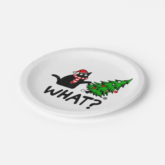 Funny Black Cat Geschenk Pushing Weihnachtsbaum üb Pappteller (Schrägansicht)