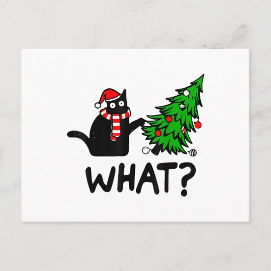 Funny Black Cat Geschenk Pushing Weihnachtsbaum üb Postkarte (Vorderseite)