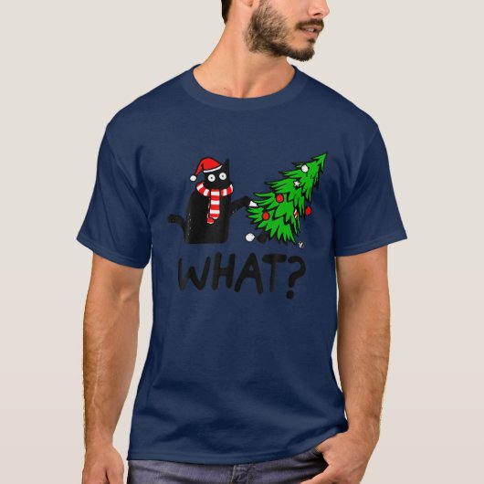 Funny Black Cat Geschenk Pushing Weihnachtsbaum üb T-Shirt (Vorderseite)