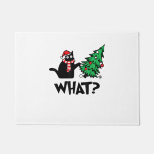 Funny Black Cat Geschenke, die Weihnachtsbaum über Fußmatte
