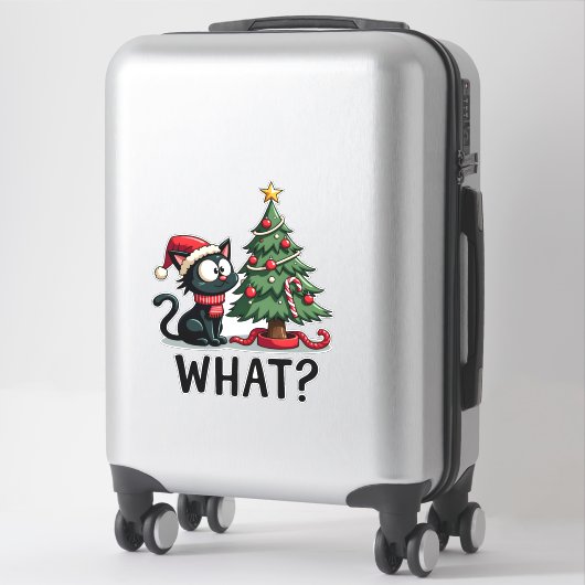 Funny Black Cat Gift Pushing Christmas Tree Over C Aufkleber (Koffer)