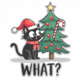 Funny Black Cat Gift Pushing Christmas Tree Over C Aufkleber (Vorderseite)