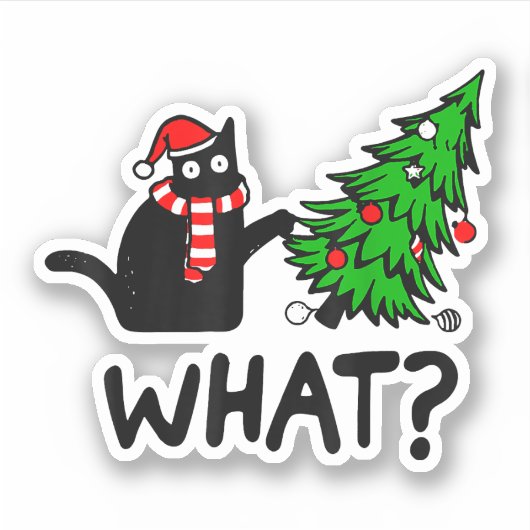 Funny Black Cat Gift Pushing Christmas Tree Over C Aufkleber (Vorderseite)