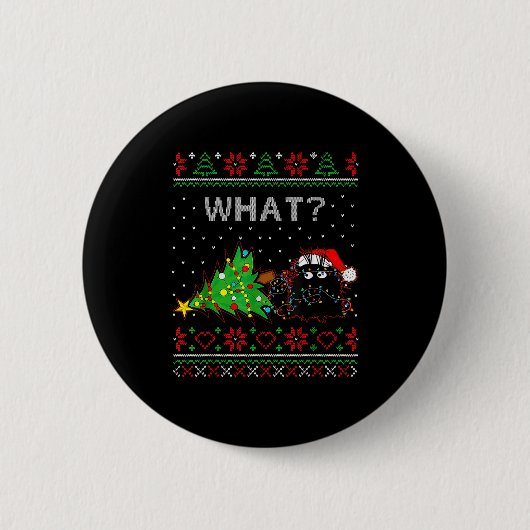 Funny Black Cat Gift Pushing Christmas Tree Over C Button (Vorderseite)