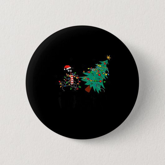 Funny Black Cat Gift Pushing Christmas Tree Over C Button (Vorderseite)