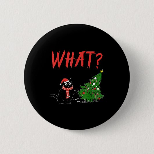 Funny Black Cat Gift Pushing Christmas Tree Over C Button (Vorderseite)