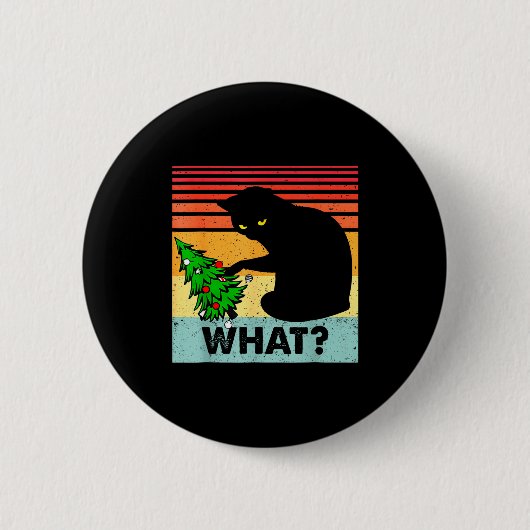 Funny Black Cat Gift Pushing Christmas Tree Over C Button (Vorderseite)