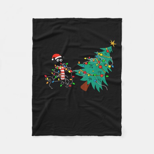 Funny Black Cat Gift Pushing Christmas Tree Over C Fleecedecke (Vorderseite)