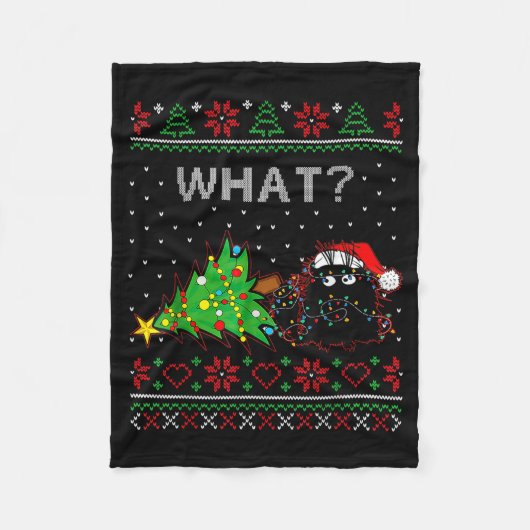 Funny Black Cat Gift Pushing Christmas Tree Over C Fleecedecke (Vorderseite)
