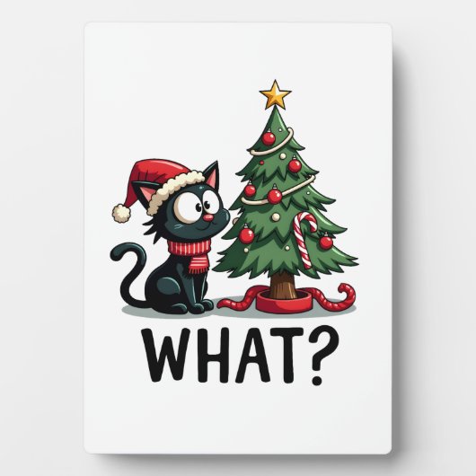 Funny Black Cat Gift Pushing Christmas Tree Over C Fotoplatte (Vorderseite)