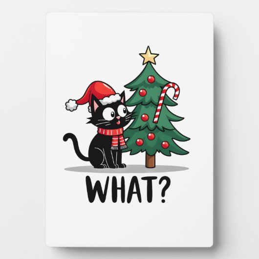 Funny Black Cat Gift Pushing Christmas Tree Over C Fotoplatte (Vorderseite)