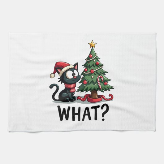 Funny Black Cat Gift Pushing Christmas Tree Over C Geschirrtuch (Horizontal)