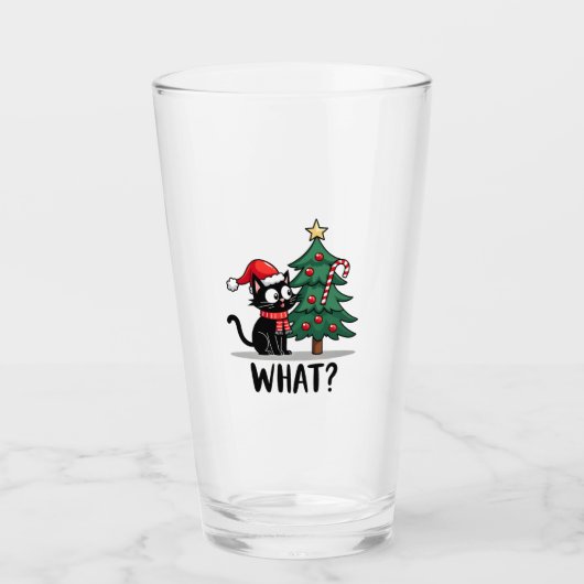 Funny Black Cat Gift Pushing Christmas Tree Over C Glas (Vorderseite)