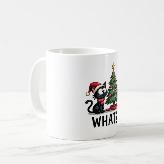 Funny Black Cat Gift Pushing Christmas Tree Over C Kaffeetasse (Vorderseite Links)