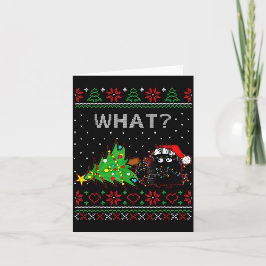 Funny Black Cat Gift Pushing Christmas Tree Over C Karte (Vorderseite)