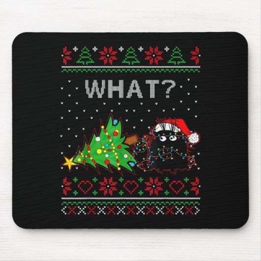 Funny Black Cat Gift Pushing Christmas Tree Over C Mousepad (Vorne)