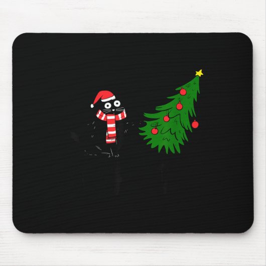 Funny Black Cat Gift Pushing Christmas Tree Over C Mousepad (Vorne)