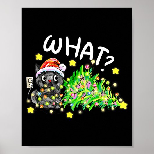 Funny Black Cat Gift Pushing Christmas Tree Over C Poster (Vorne)