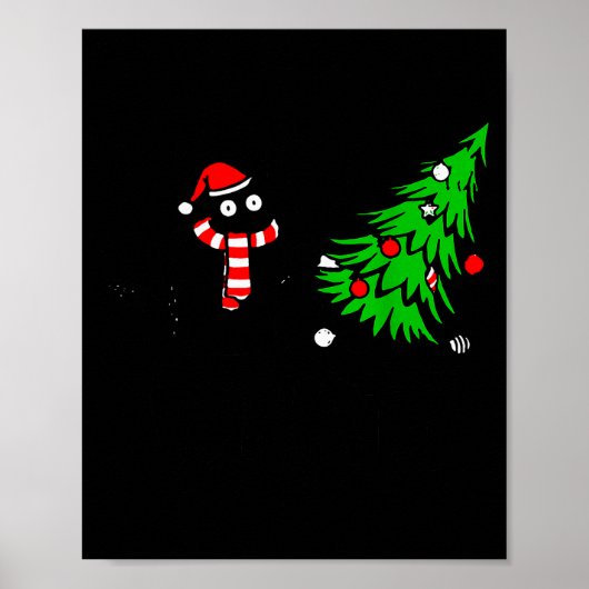 Funny Black Cat Gift Pushing Christmas Tree Over C Poster (Vorne)