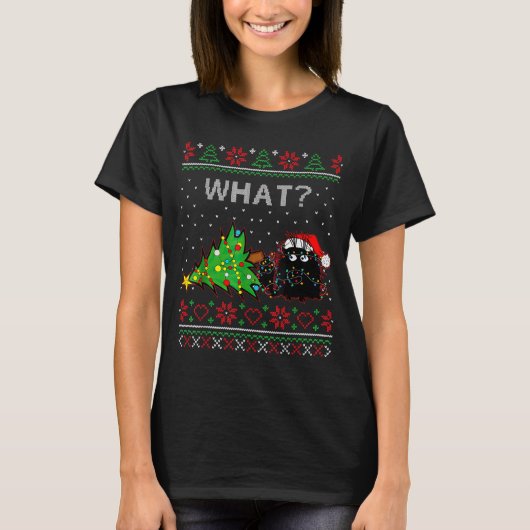 Funny Black Cat Gift Pushing Christmas Tree Over C T-Shirt (Vorderseite)