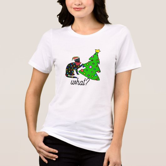 Funny Black Cat Gift Pushing Christmas Tree Over Tri-Blend Shirt (Vorderseite)