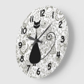 Funny Black Cat in Black and White Flower Garden Große Wanduhr (Winkel)