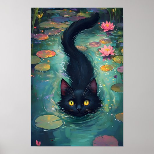 Funny Black cat is swimming  Poster (Vorne)