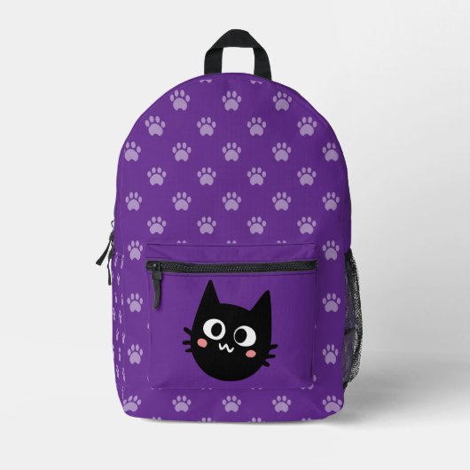 Funny Black Cat Lila Bedruckter Rucksack (Vorderseite)