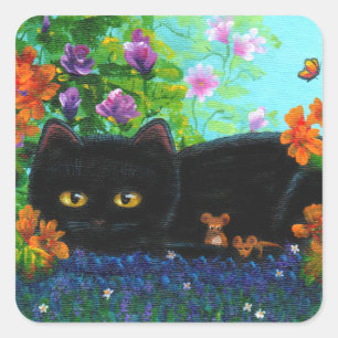 Funny Black Cat Mice Blume Kreationarts Quadratischer Aufkleber