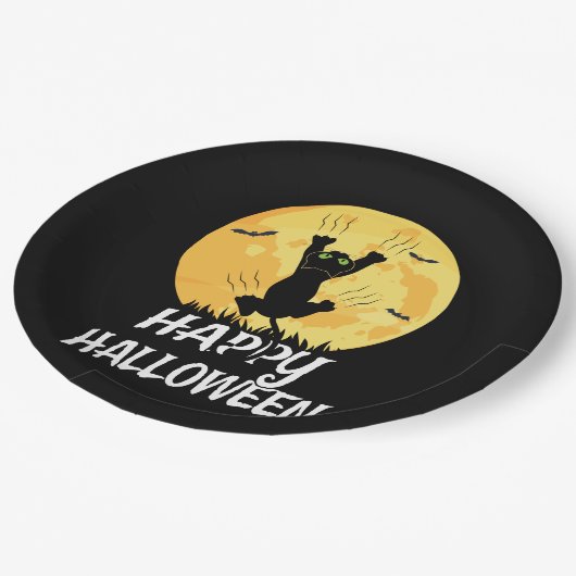 Funny Black Cat Moon Happy Halloween Pappteller (Schrägansicht)