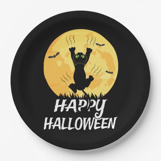 Funny Black Cat Moon Happy Halloween Pappteller (Vorderseite)