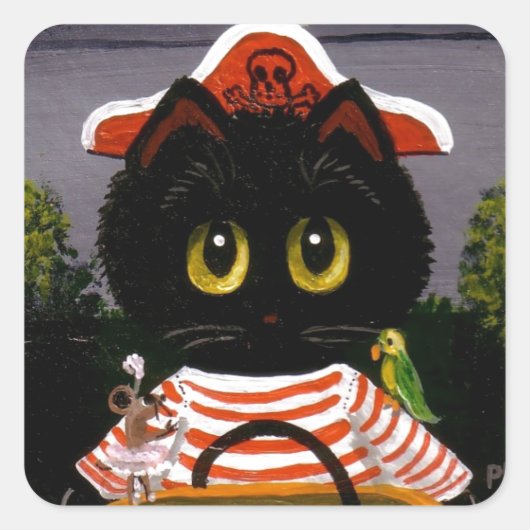 Funny Black Cat Pirate Creationarts Lisa Adams Quadratischer Aufkleber (Vorderseite)