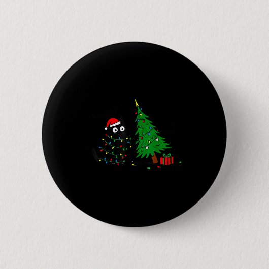 Funny Black Cat Pushing 67 Christmas Tree Over Cat Button (Vorderseite)