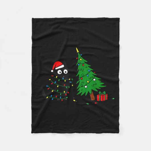 Funny Black Cat Pushing 67 Christmas Tree Over Cat Fleecedecke (Vorderseite)