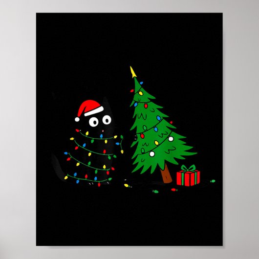 Funny Black Cat Pushing 67 Christmas Tree Over Cat Poster (Vorne)