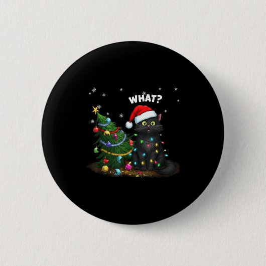 Funny Black Cat Pushing Christmas Tree  Button (Vorderseite)