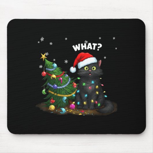 Funny Black Cat Pushing Christmas Tree Mousepad (Vorne)
