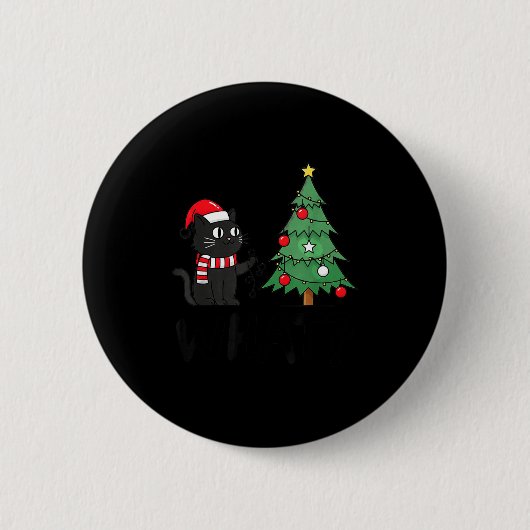 Funny Black Cat Pushing Christmas Tree Over Cat Wh Button (Vorderseite)