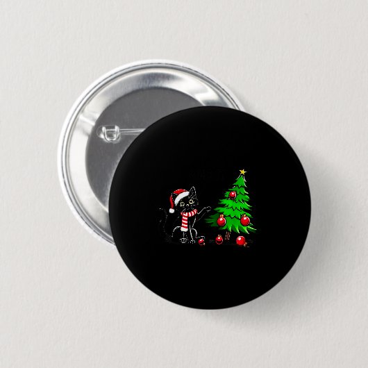 Funny Black Cat Pushing Christmas Tree Over Cat Wh Button (Vorne & Hinten)