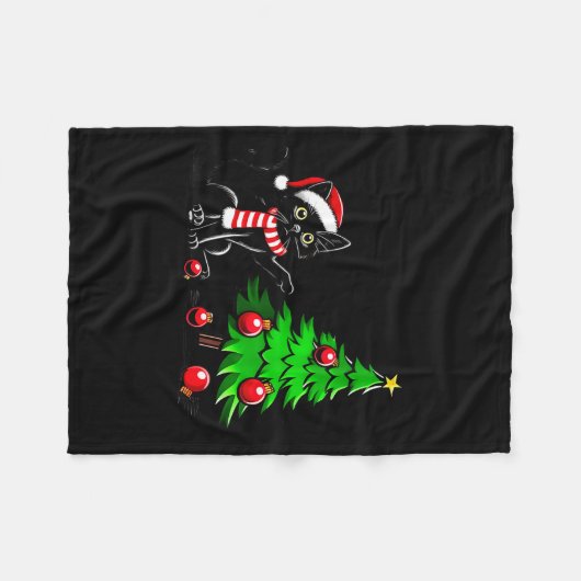 Funny Black Cat Pushing Christmas Tree Over Cat Wh Fleecedecke (Vorderseite (Horizontal))