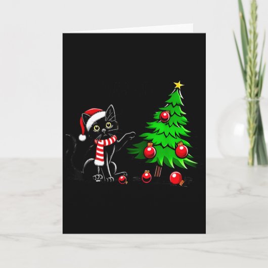 Funny Black Cat Pushing Christmas Tree Over Cat Wh Karte (Vorderseite)