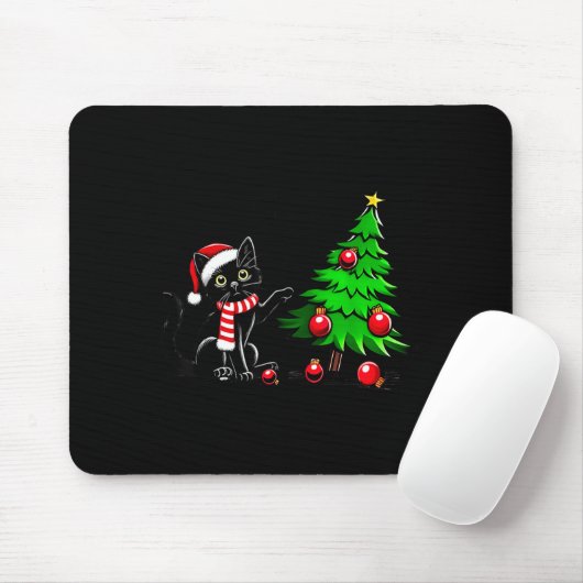 Funny Black Cat Pushing Christmas Tree Over Cat Wh Mousepad (Mit Mouse)