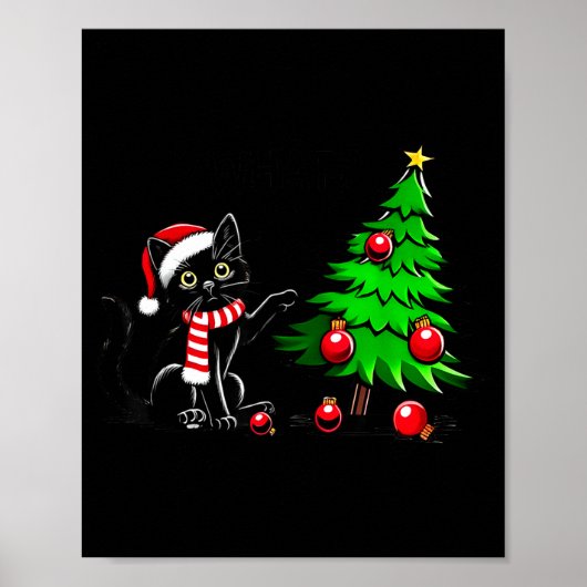 Funny Black Cat Pushing Christmas Tree Over Cat Wh Poster (Vorne)