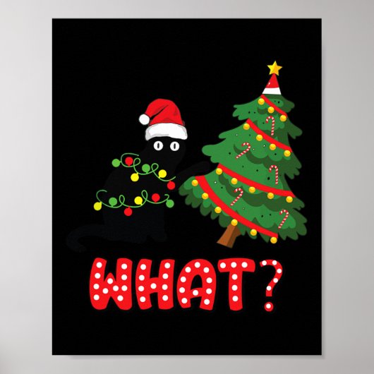 Funny Black Cat Pushing Christmas Tree Over Cat Wh Poster (Vorne)