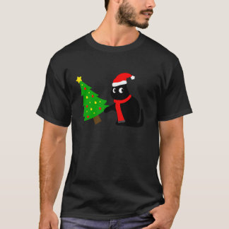 Funny Black Cat Pushing Christmas Tree Over Cat Wh T-Shirt