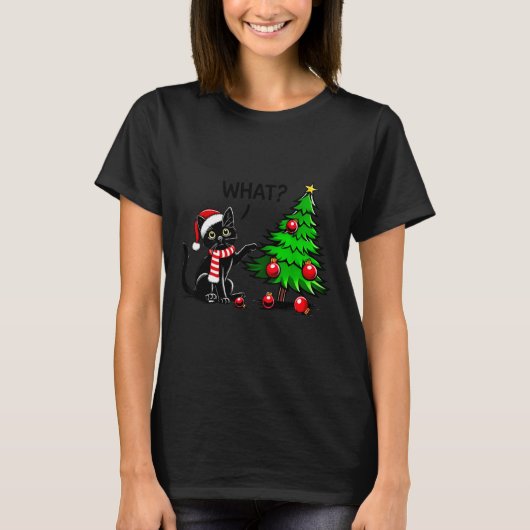 Funny Black Cat Pushing Christmas Tree Over Cat Wh T-Shirt (Vorderseite)